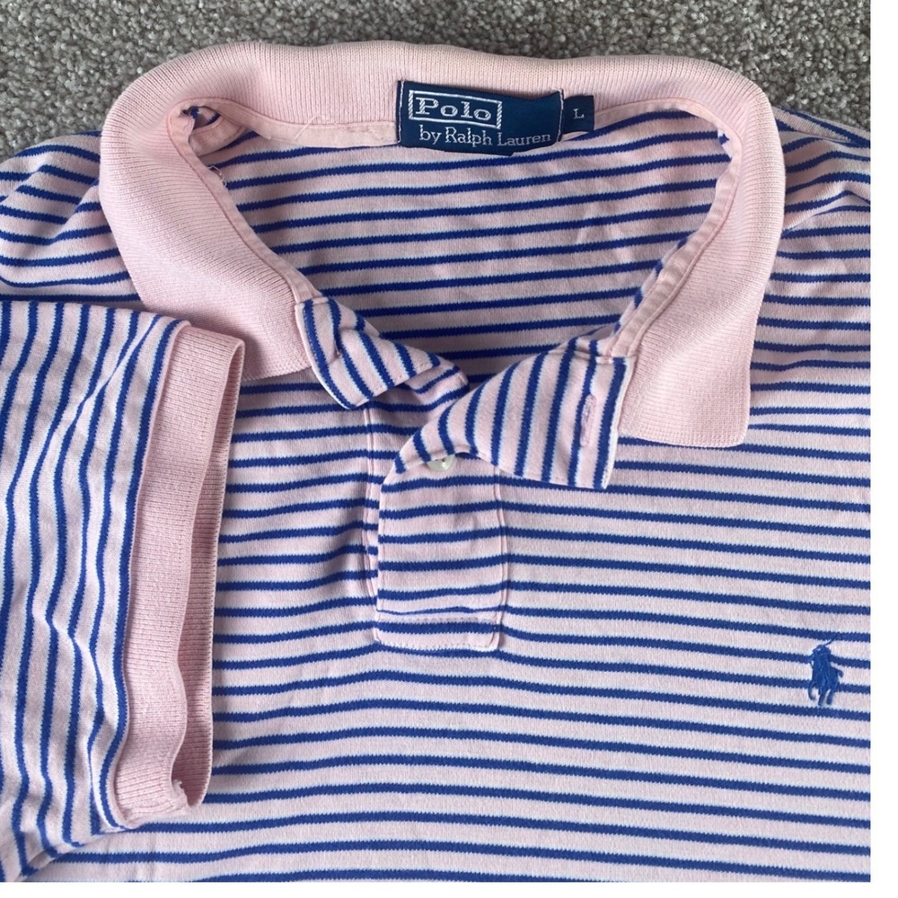 Polo Ralph Lauren Mens Large Pink Blue Striped Blue Pony Cotton Polo Shirt